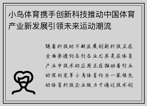 小鸟体育携手创新科技推动中国体育产业新发展引领未来运动潮流
