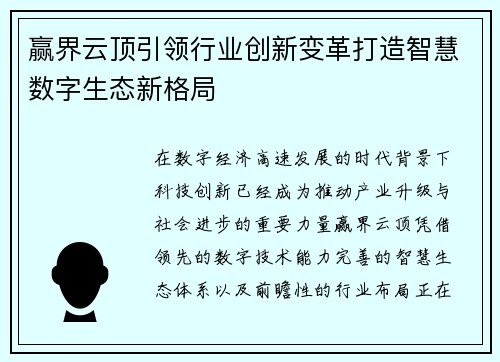 赢界云顶引领行业创新变革打造智慧数字生态新格局